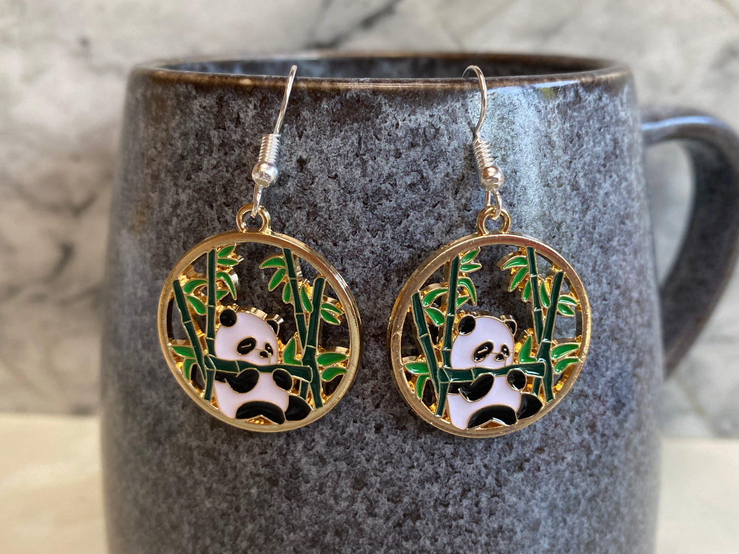 Panda with Bamboo Round Drop Earrings