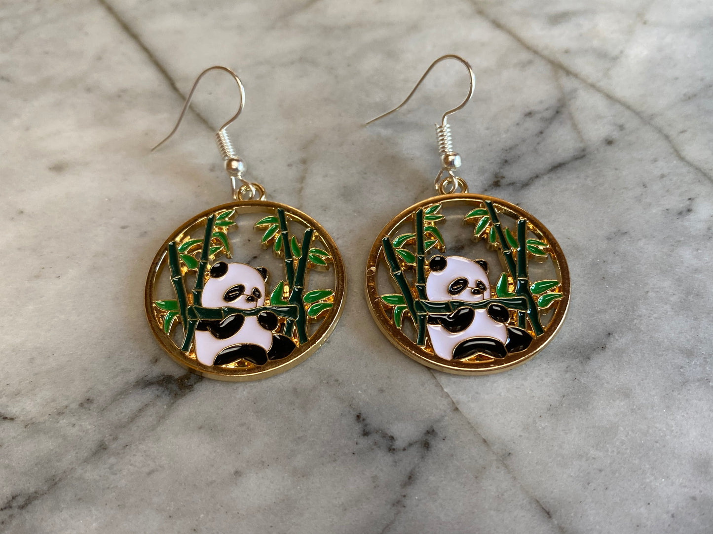 Panda with Bamboo Round Drop Earrings