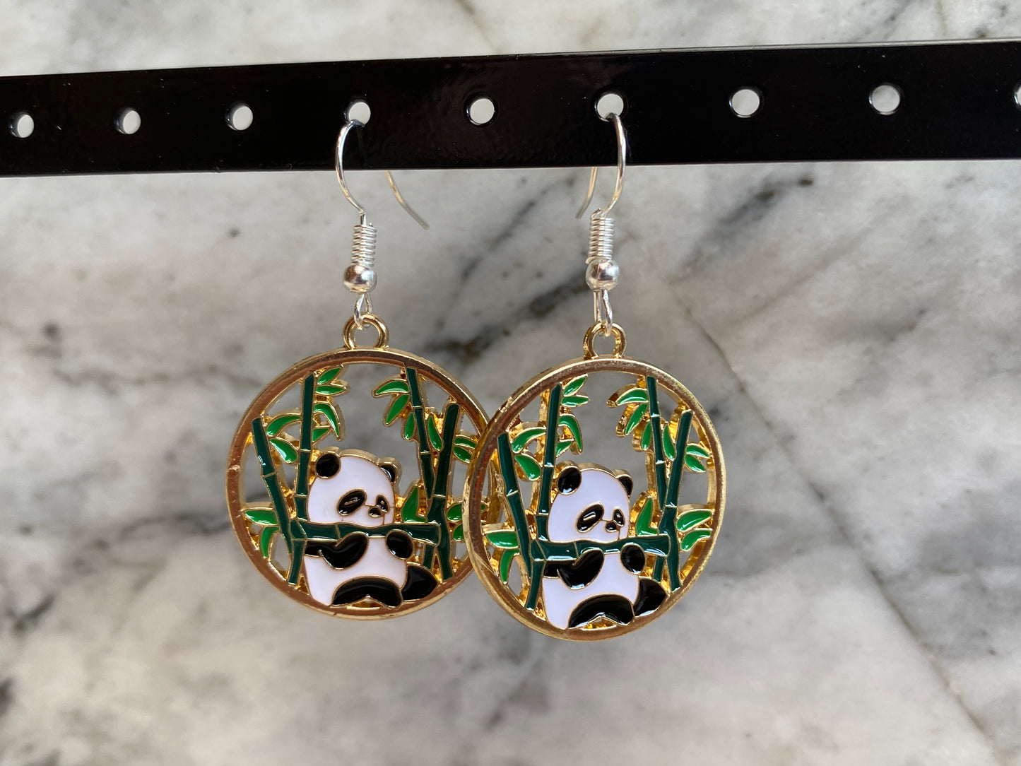 Panda with Bamboo Round Drop Earrings