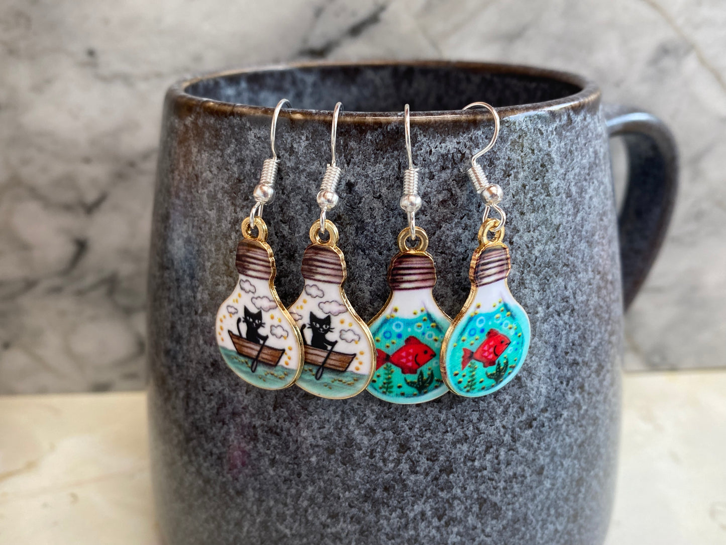 Animal Lightbulb Drop Earrings - Cat and Goldfish