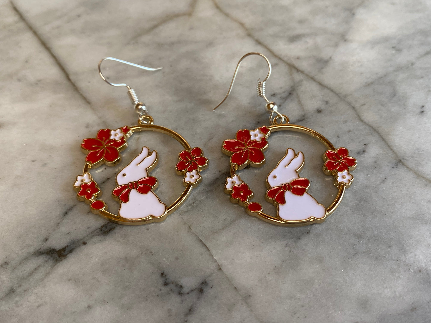 Floral Bunny Rabbit Drop Earrings