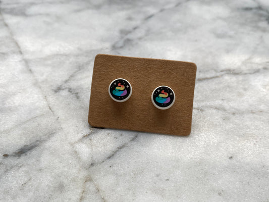 Rainbow Poop Brick Stud Earrings | Unusual | Up-cycled | Funny Poo Emote Icon | Made from Genuine Bricks | Surgical Steel | Quirky Gifts