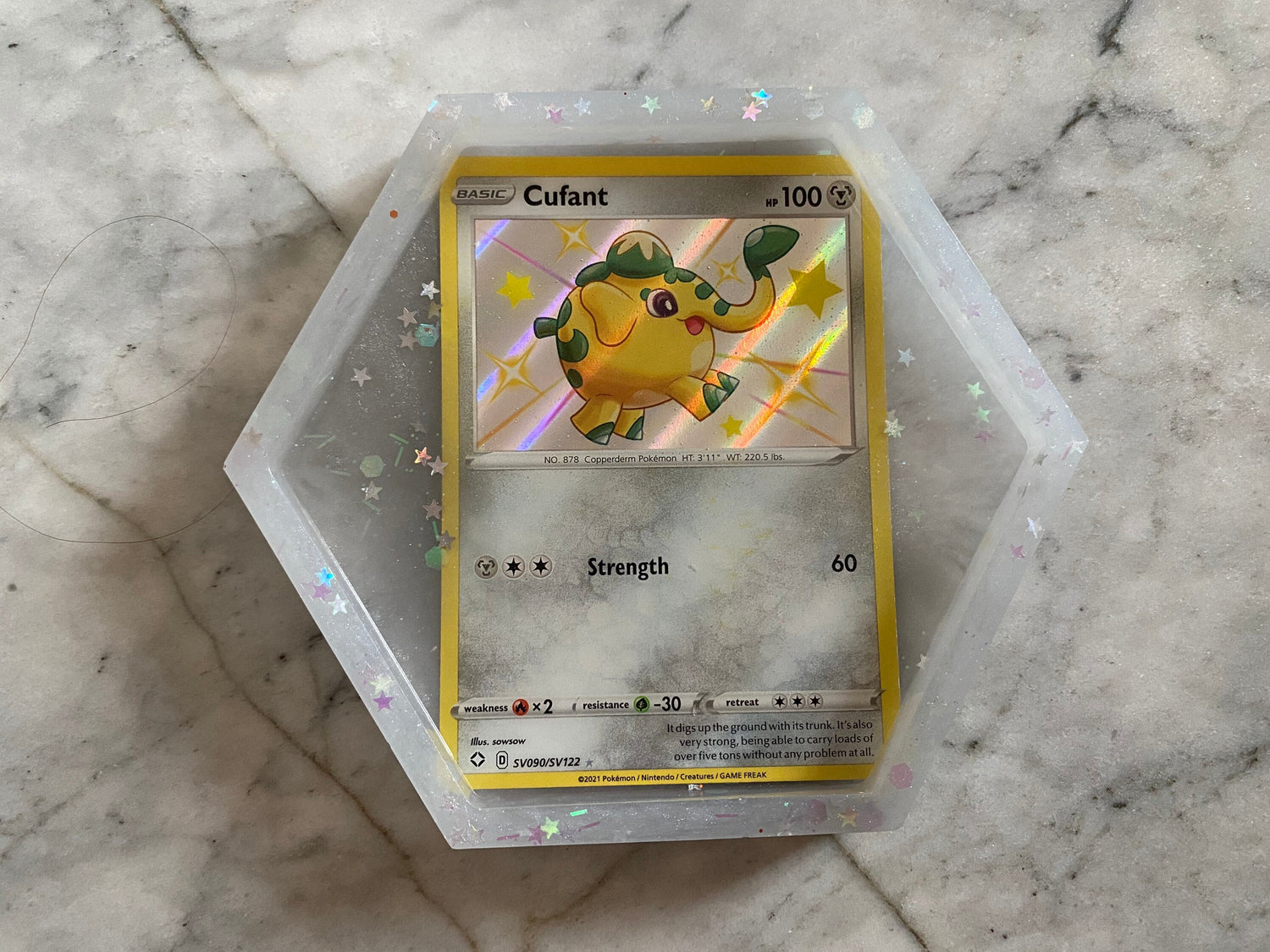 Pokemon Drinks Coaster | Shiny Cufant | Handmade Resin Pokémon Gift | Made with Genuine Cards | Unique Item | Nerdy | Pokemon Fan | Rainbow