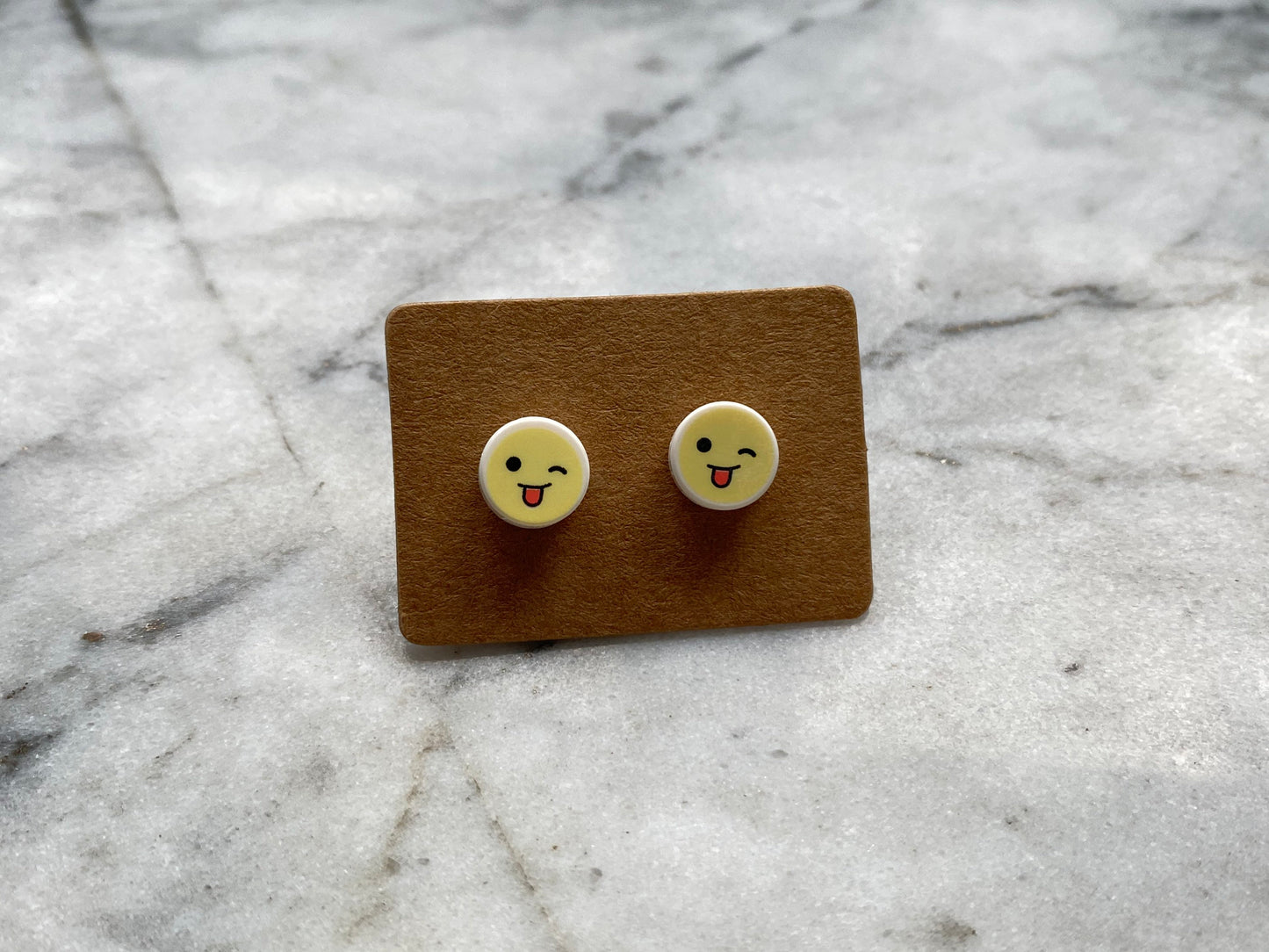 Emoji Brick Stud Earrings | Emote | Smiley | Wink Kiss Smile | Up-cycled | Made from Genuine Bricks | Surgical Steel | Quirky Gifts