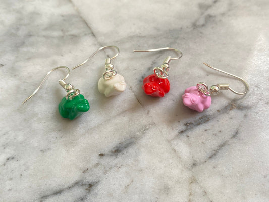 Brick Frog Drop Earrings | Pink and Green | Silver Plated | Quirky Gifts | UK | Unusual | Unique | Handmade | Made from Genuine Bricks