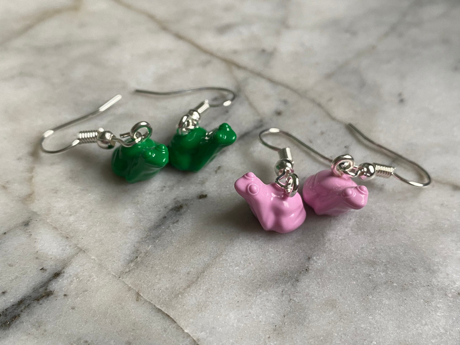 Brick Frog Drop Earrings | Pink and Green | Silver Plated | Quirky Gifts | UK | Unusual | Unique | Handmade | Made from Genuine Bricks