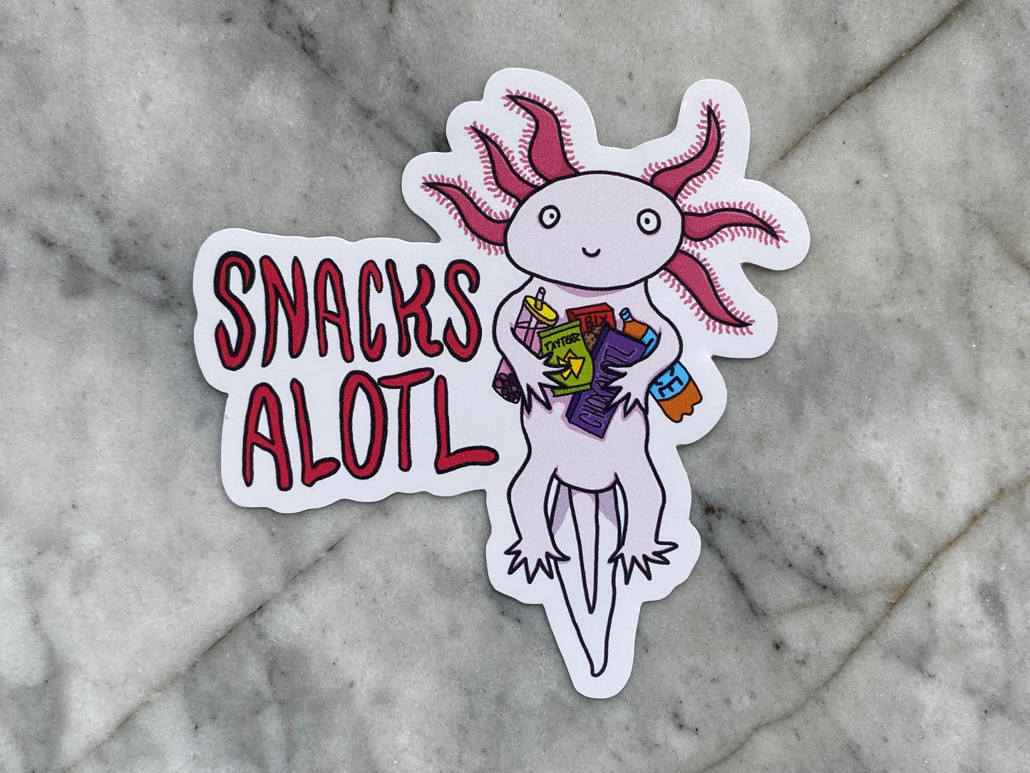 Snacksalotl Axolotl Pun Vinyl Sticker